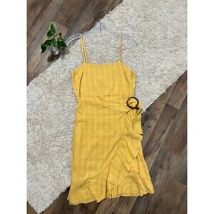 American Eagle Medium Long Mustard Yellow Ruffle Faux Wrap Windowpane Mini Dress